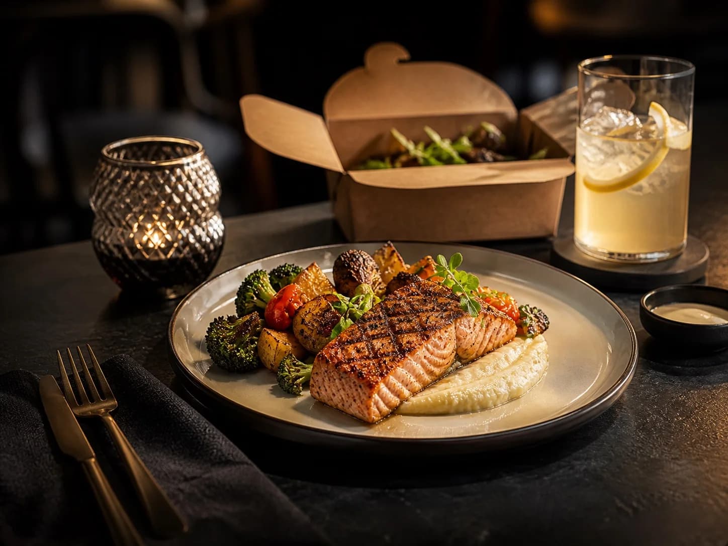 A plated salmon dish with vegetables, a drink and takeaway packaging on a dark tabletop